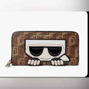 NWT KARL LAGERFELD MAYBELLE SLG LARGE ZIP AROUND WALLET CLUTCH BAG BROWN LOGO